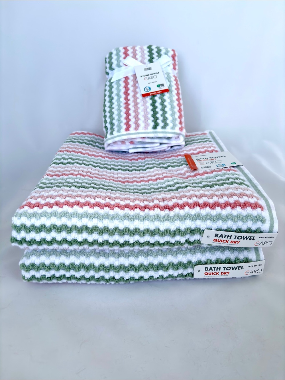 NWT 4Pc Caro Retro Boho Bath & Hand Towel Set Sage Green Blush Pink Quick Dry